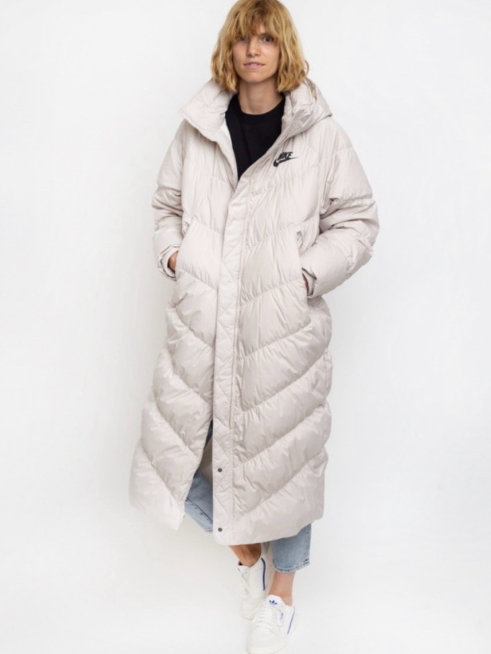 Nike Long Quilted Puffer Coat in Light Beige